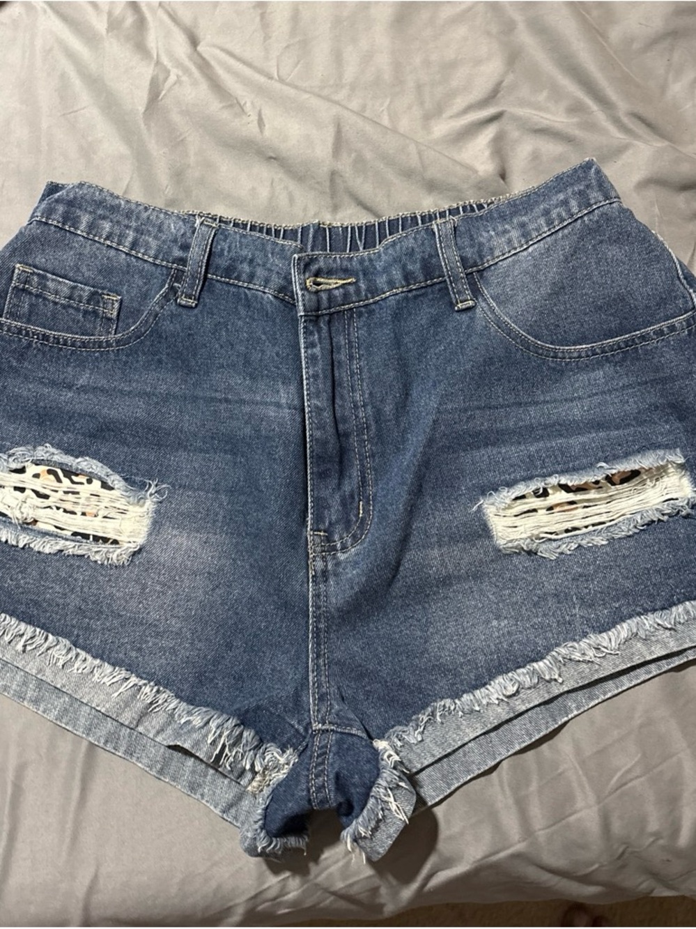 High-Rise Distressed Denim Shorts - Blue